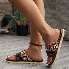 Skull Print Thong Sandals Rivet Detail Summer Flip Flops