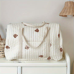 Quilted Diaper Bag with Bear Embroidery Lightweight Travel Tote & Handbag