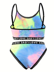 Exotic Bra & Panty Set Tie Dye Lace Trim Lingerie Two Piece Set