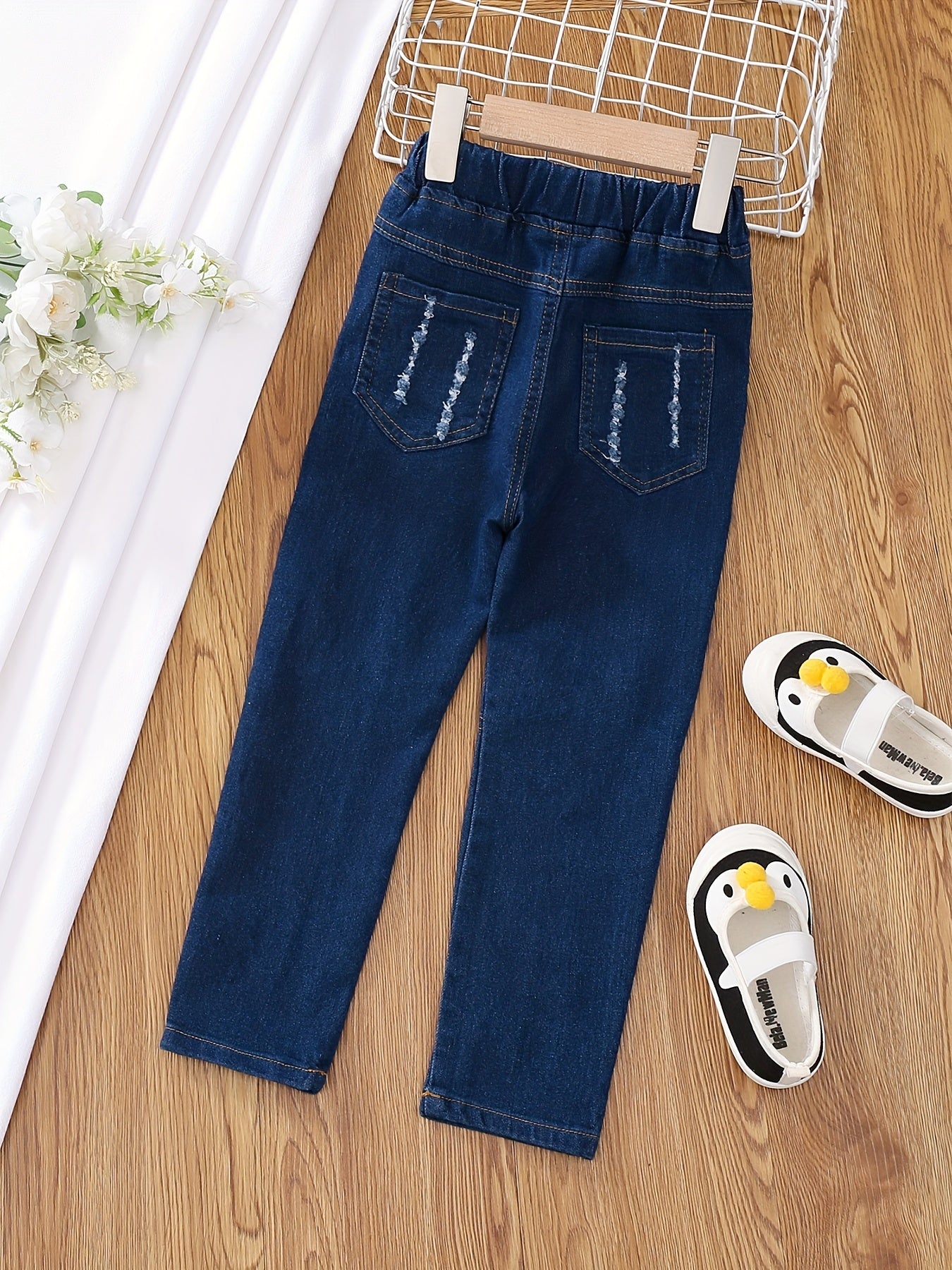 Girls Cartoon Embroidered Denim Trousers