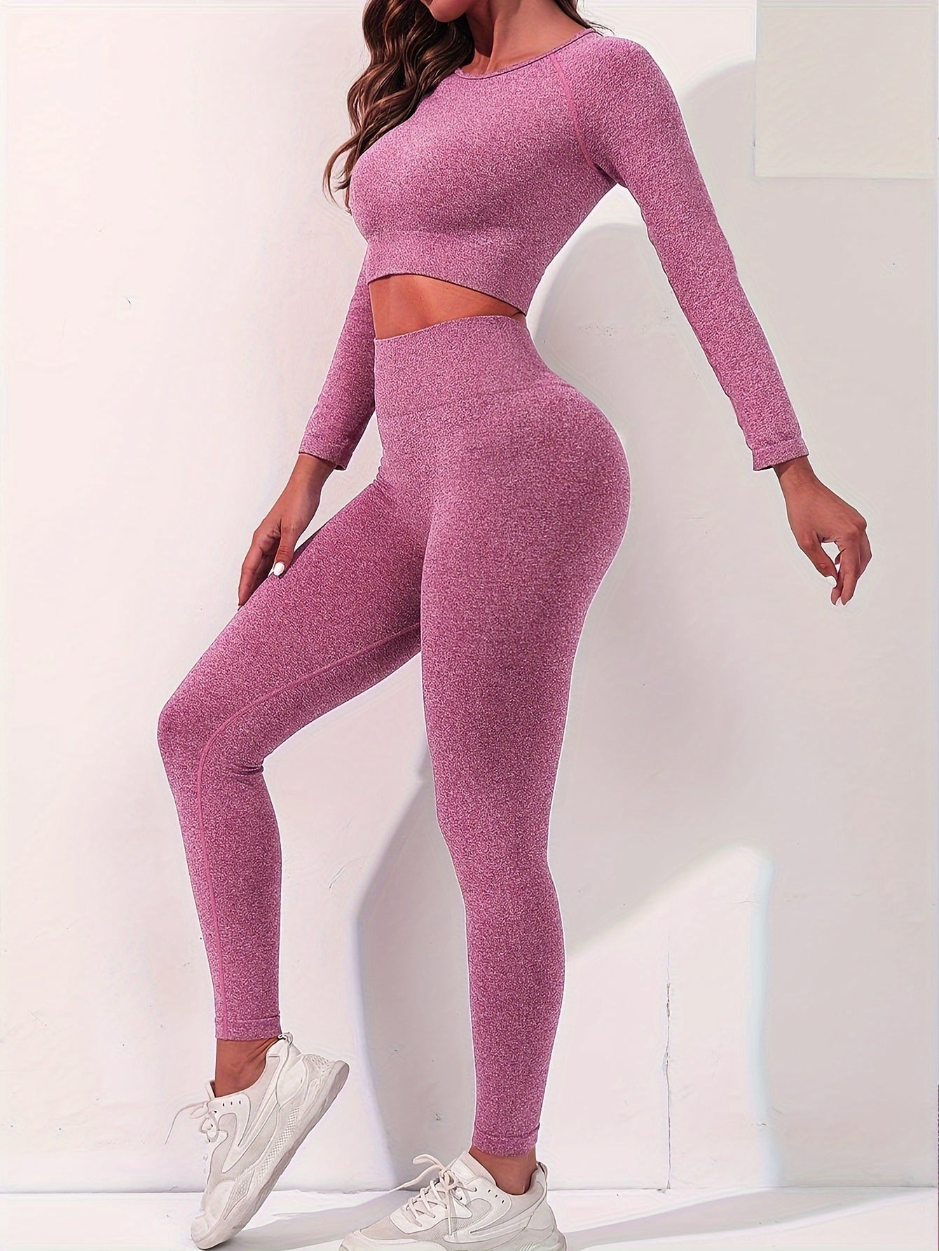2pcs Yoga Sports Set Long Sleeves Crop Tops & High Waist Leggings