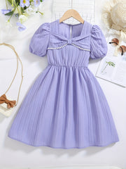 Kids Puffed Sleeve Square Neck Dress With Bow - Summer Princess