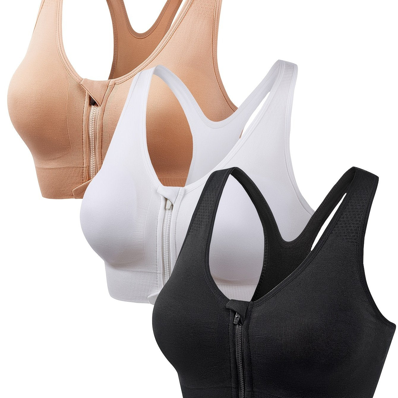 3 Front Zip Sports Bras Breathable Running Racer Back Bra