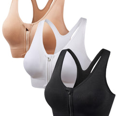 3 Front Zip Sports Bras Breathable Running Racer Back Bra