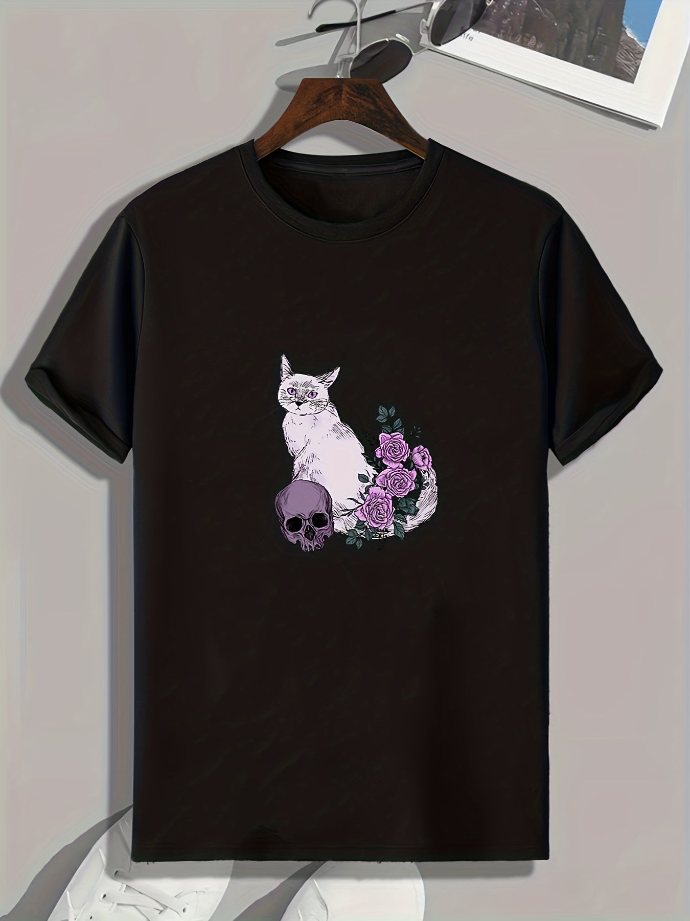 Cat & Skull Pattern T shirt For Men Short Sleeve Top Casual Tee Men's Clothes