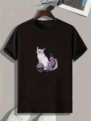 Cat & Skull Pattern T shirt For Men Short Sleeve Top Casual Tee Men's Clothes
