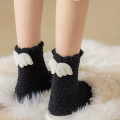 2 Pairs Angle Wings Decor Socks Comfy & Fuzzy Warm Socks Women's Stockings