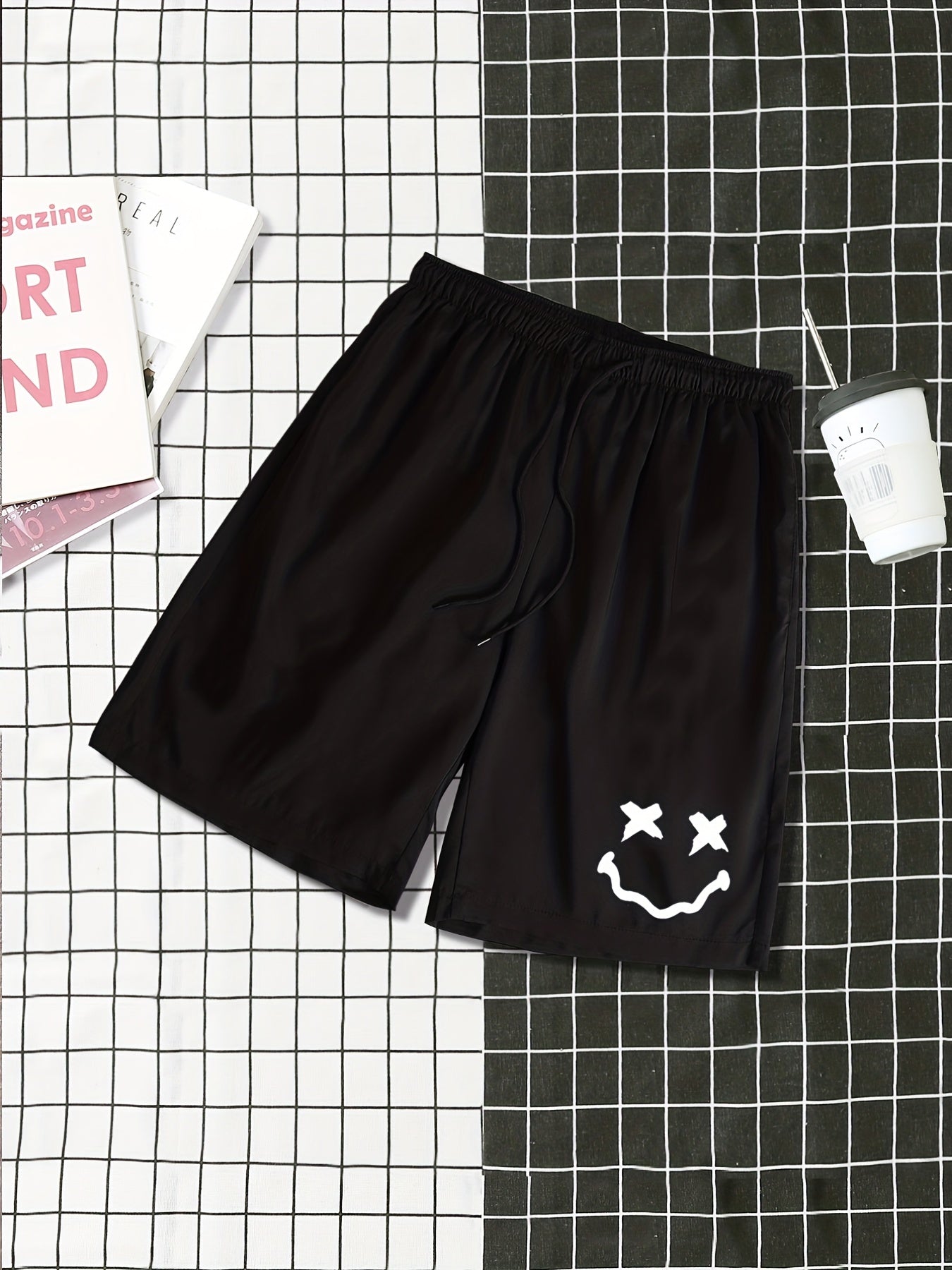 Smile Print Men's Summer Casual Shorts Elastic Waist Drawstring
