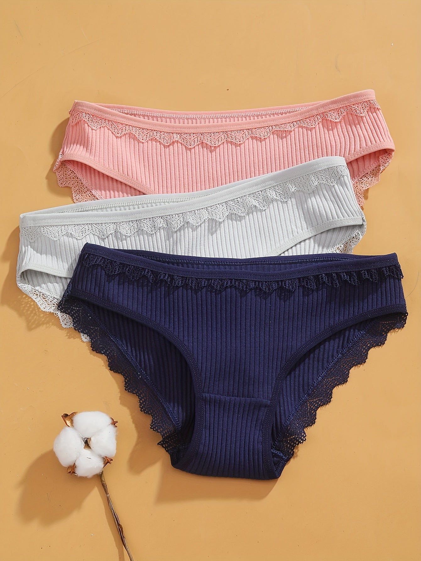 3pcs Lace Trim Ribbed Briefs Women's Comfy Intimates Panties