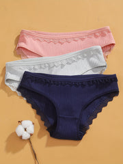 3pcs Lace Trim Ribbed Briefs Women's Comfy Intimates Panties