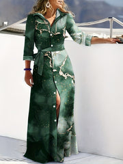 Geometric Print Long Sleeve Shirt Dress With Belt