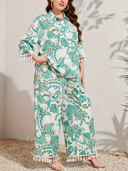 Floral Print Tassel Polo Neck Blouse & Wide Leg Pants Set