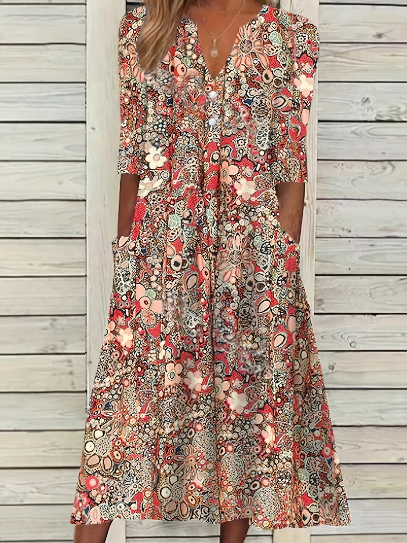 Allover Floral Print Short Sleeve Notched Neck Dress With Pockets