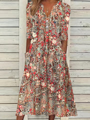 Allover Floral Print Short Sleeve Notched Neck Dress With Pockets