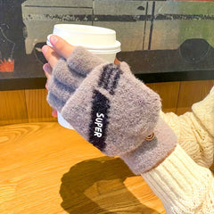 Winter Men's Half Fingerless Flip Gloves Plus Velvet Thick Gloves