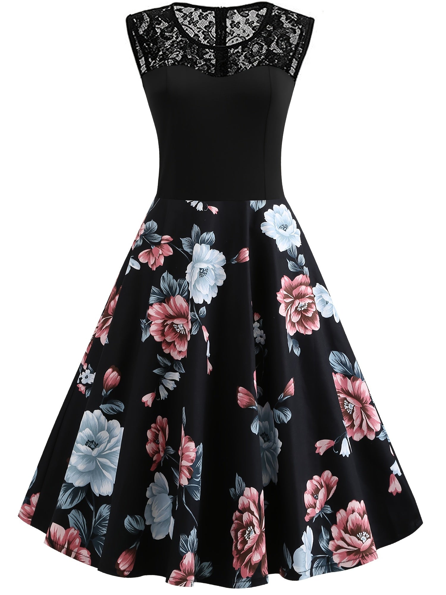 Vintage Dark Peony Sleeveless Dress Contrast Lace Print