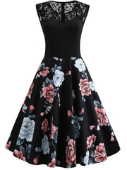 Vintage Dark Peony Sleeveless Dress Contrast Lace Print