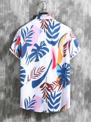 Men's Leaf Print 2Pcs Outfits Camp Collar Hawaiian Shirt & Drawstring Shorts Set