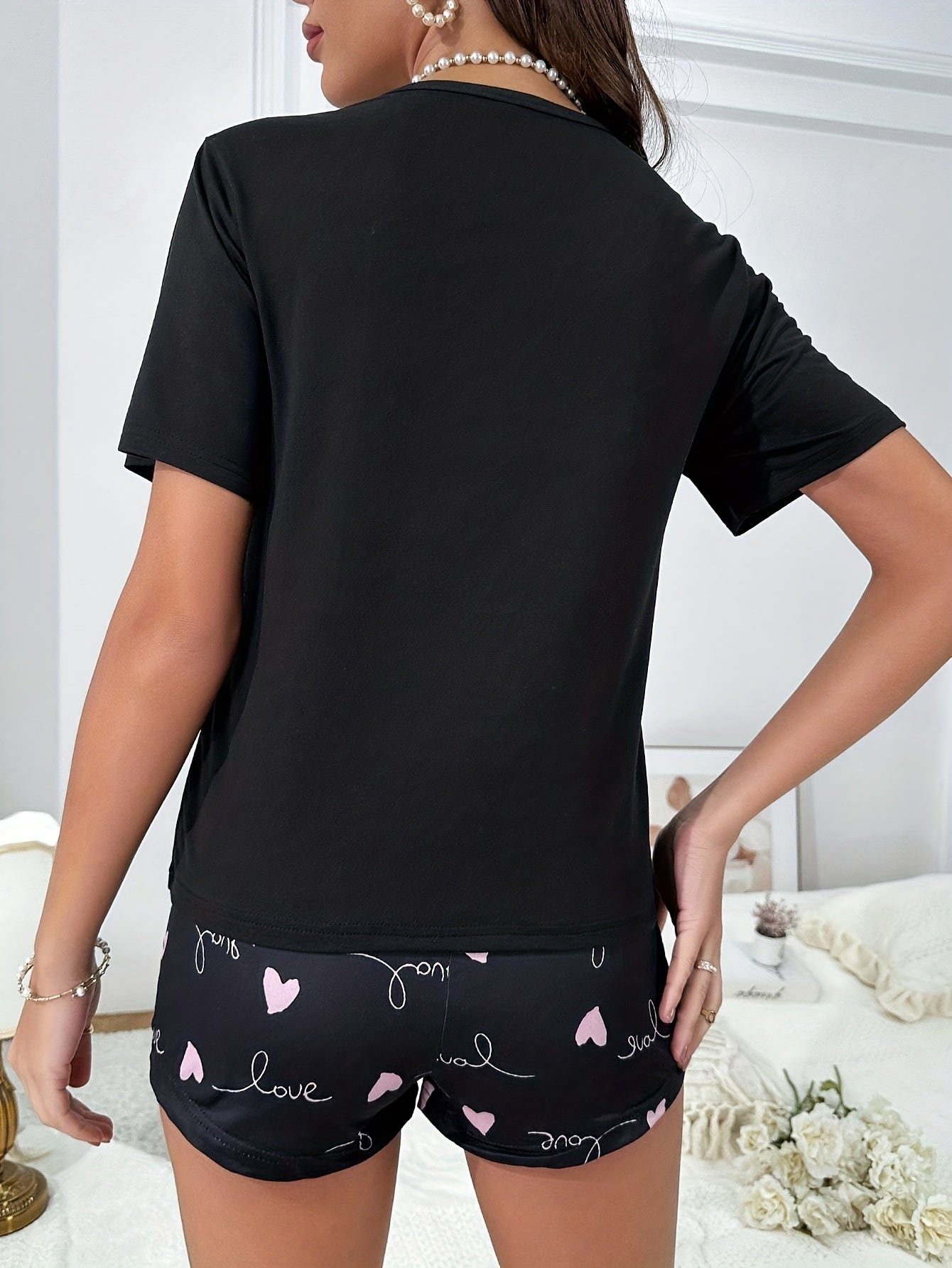 Heart Print Pajamas Set Short Sleeve Crew Neck Top & Shorts
