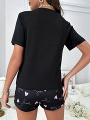 Heart Print Pajamas Set Short Sleeve Crew Neck Top & Shorts