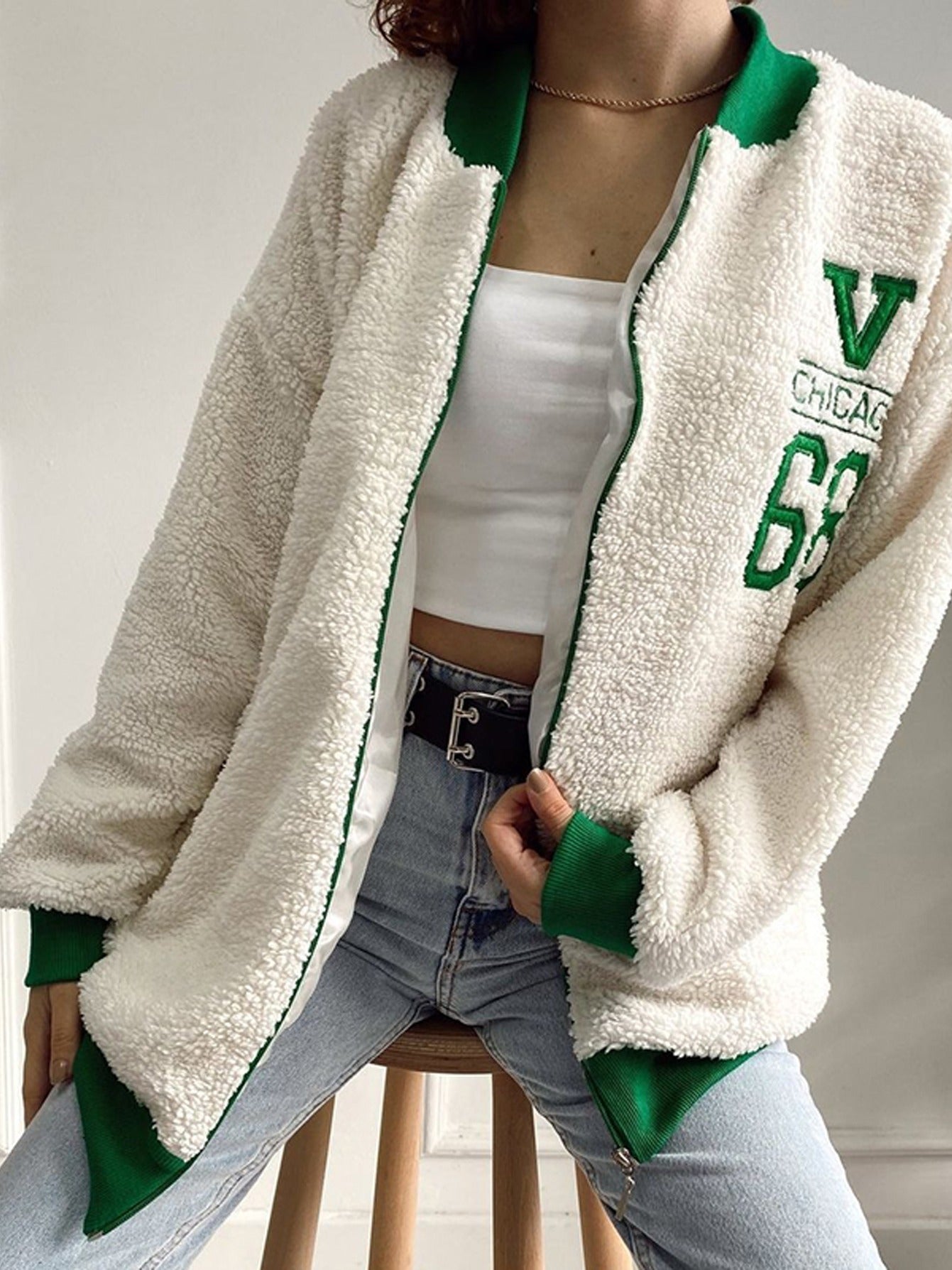 Women's Letter Print Leisure Teddy Embroidery Jacket