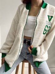 Women's Letter Print Leisure Teddy Embroidery Jacket