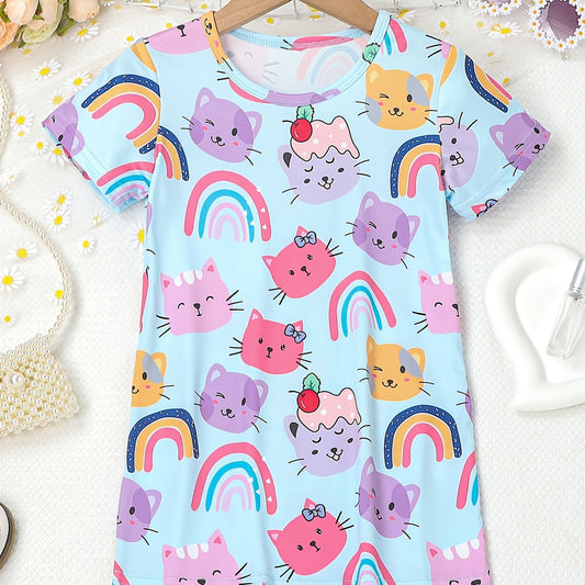 Girls Cats & Rainbows Straight T Shirt Dress Lounge Vacation Casual