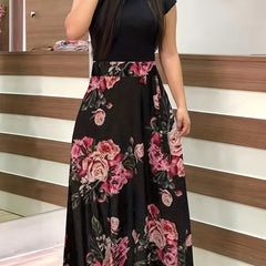 Women's Plus Floral Print High Waist Cap Sleeve Maxi Dress