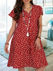 Heart Print V Neck Ruffled Dress