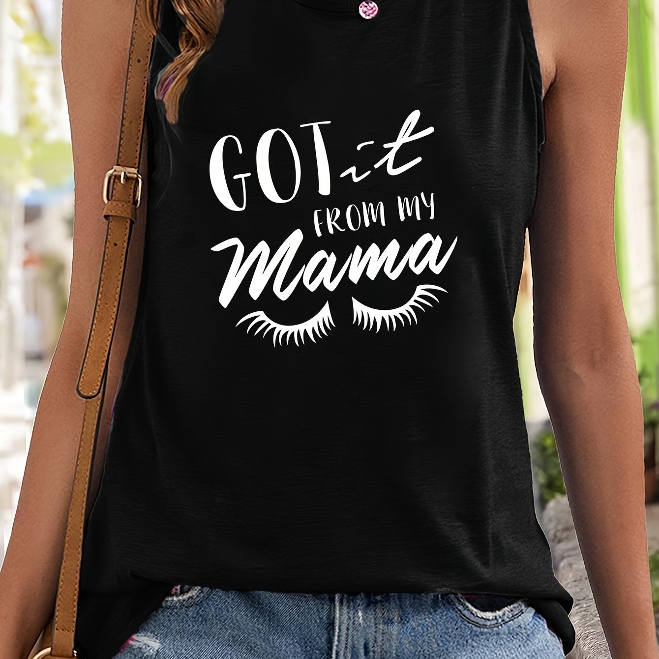 Eyelash & Letter Print Sleeveless Tank Top Slim Fitted Tunic Top