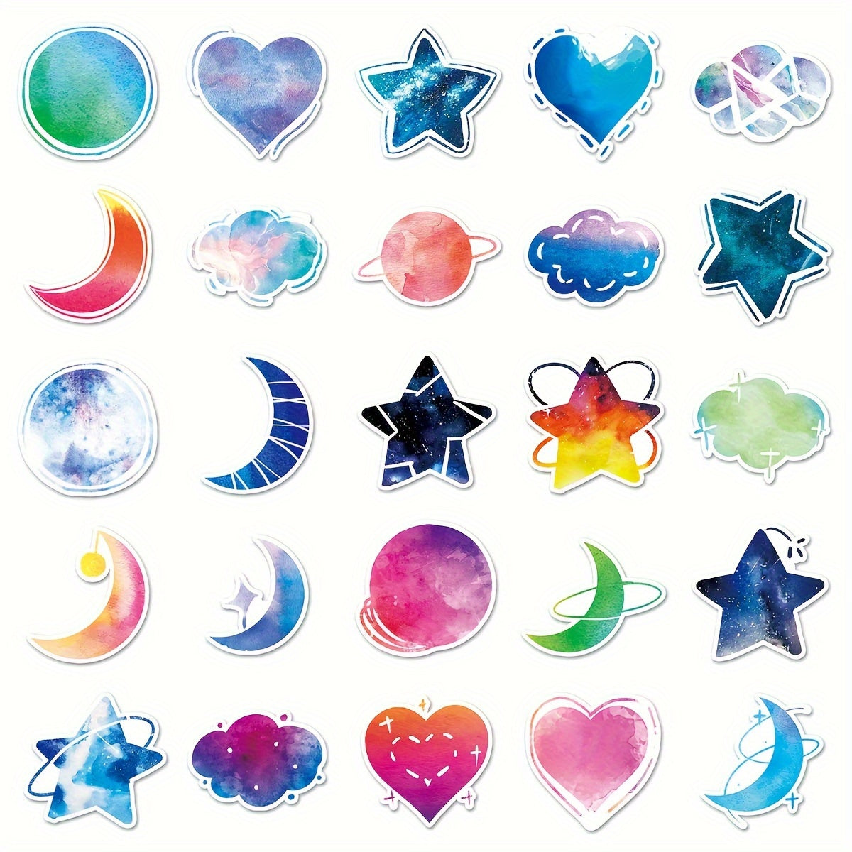 50 Watercolor Star & Moon Graffiti Painting Stickers for Journaling DIY Stickers