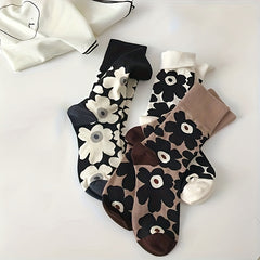 3 Pairs Floral Print Socks Mid Tube Comfy & Breathable Women's Stockings