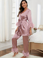 Feather Trim Satin Pajama Set & Robe