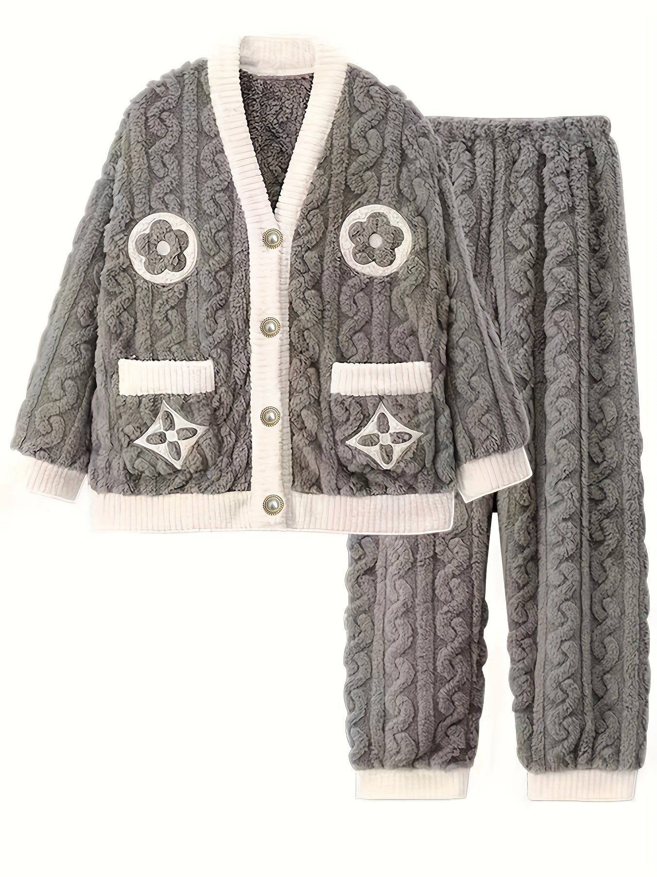 Floral Print Fuzzy Pajama Set Long Sleeve Top & Pants Women's Sleepwear