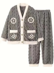 Floral Print Fuzzy Pajama Set Long Sleeve Top & Pants Women's Sleepwear
