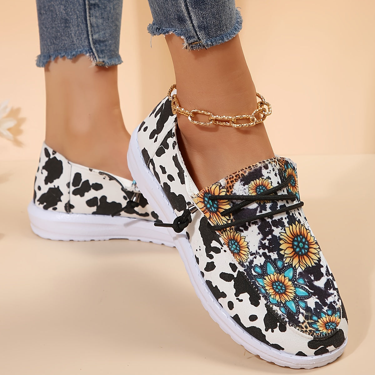 Sunflower Pattern Lace up Boat Shoes Low Slip on Flat Shoes Women