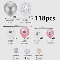 118pcs Silvery Pink Balloon Latex Balloons Gender Reveal Balloons