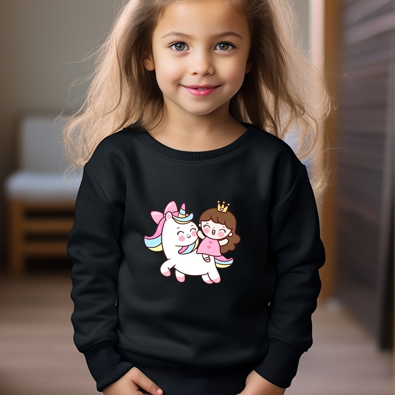 Anime Girl & Unicorn Print Pullover Sweatshirt for Girls