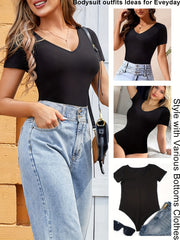 Short Sleeve V Neck Bodysuit Tummy Control Body Shaper
