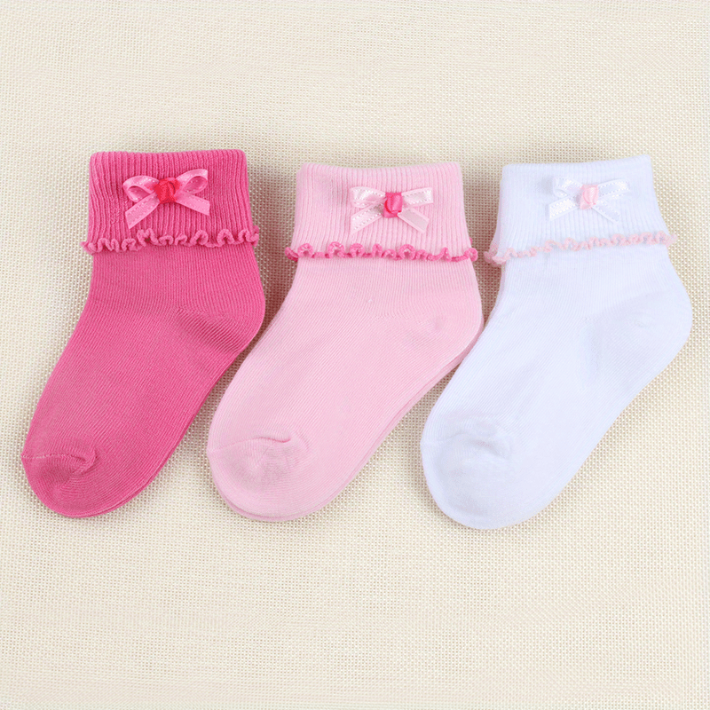 3 Pairs Girls Bowknot Lace Crew Socks