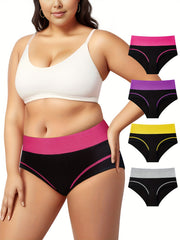 4 Pack Plus Size Panties Set Women's Plus Contrast Binding Mid Rise Briefs