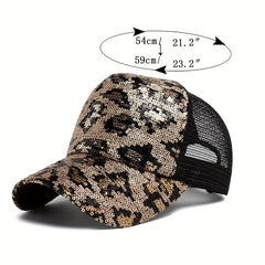 Sequins Leopard Trucker Hat Hip Hop Baseball Cap Mesh Adjustable Dad Hats