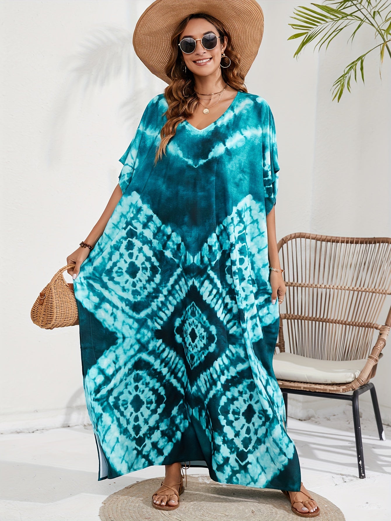 Boho Cover Up Tie Dye Batwing Sleeve V Neck Kaftan Beach Dress
