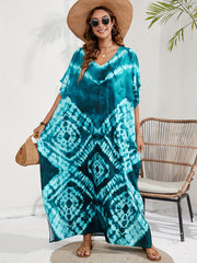 Boho Cover Up Tie Dye Batwing Sleeve V Neck Kaftan Beach Dress