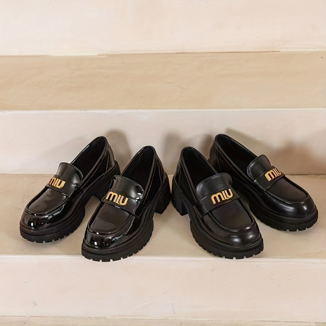 Women's Letter Decor Chunky Heel Loafers Slip On Shoes