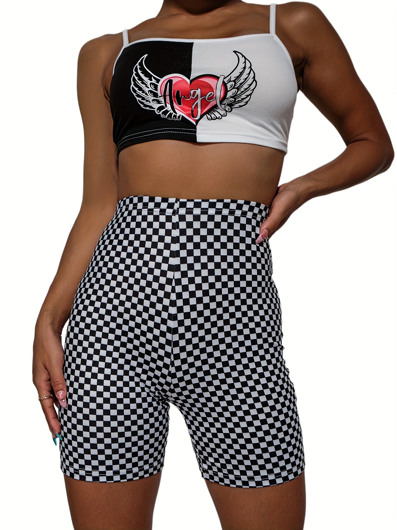 Checkerboard Print High Waist Slim Shorts Women's Clothing