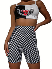 Checkerboard Print High Waist Slim Shorts Women's Clothing