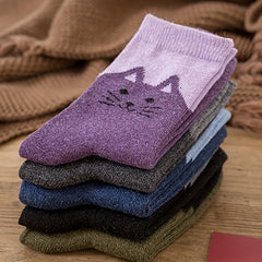 5 Pairs Cat Print Socks Warm & Comfy Women's Mid Tube Stockings