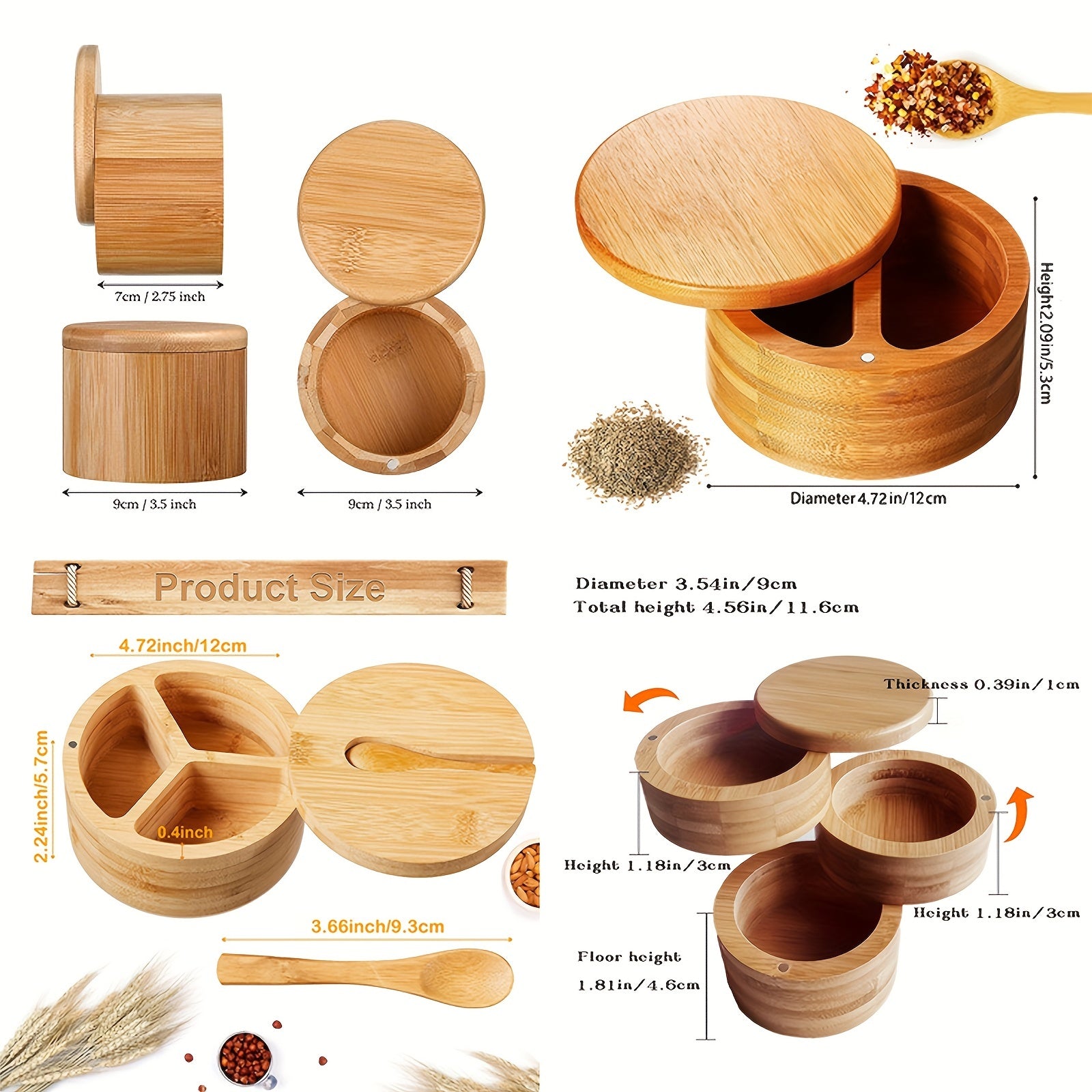 Bamboo Salt Jar with Spoon and Rotating Lid for Seasoning Storage