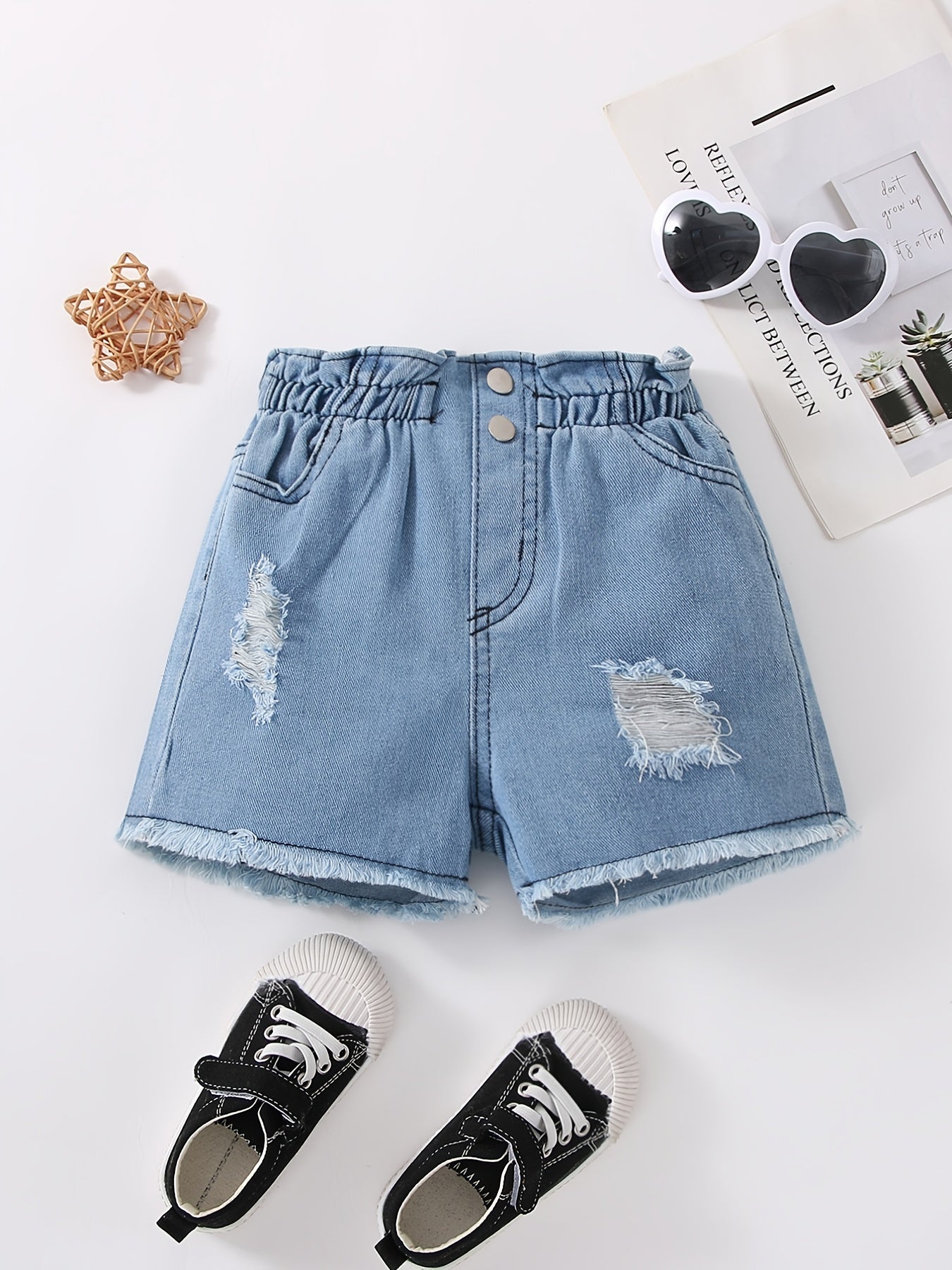Girls Ripped Denim Shorts with Elastic Waist for Spring/Summer